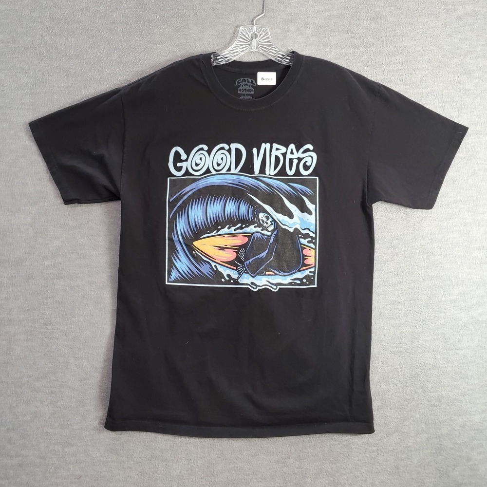 Call Your Mother Men Shirt Large‎ Black Good Vibes Death Surf Graphic Tee